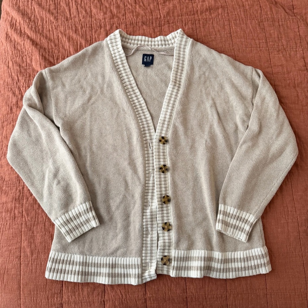 Gap Boyfriend Cardigan S Beige Button Front Stripe Trim Coastal Grandma Cotton